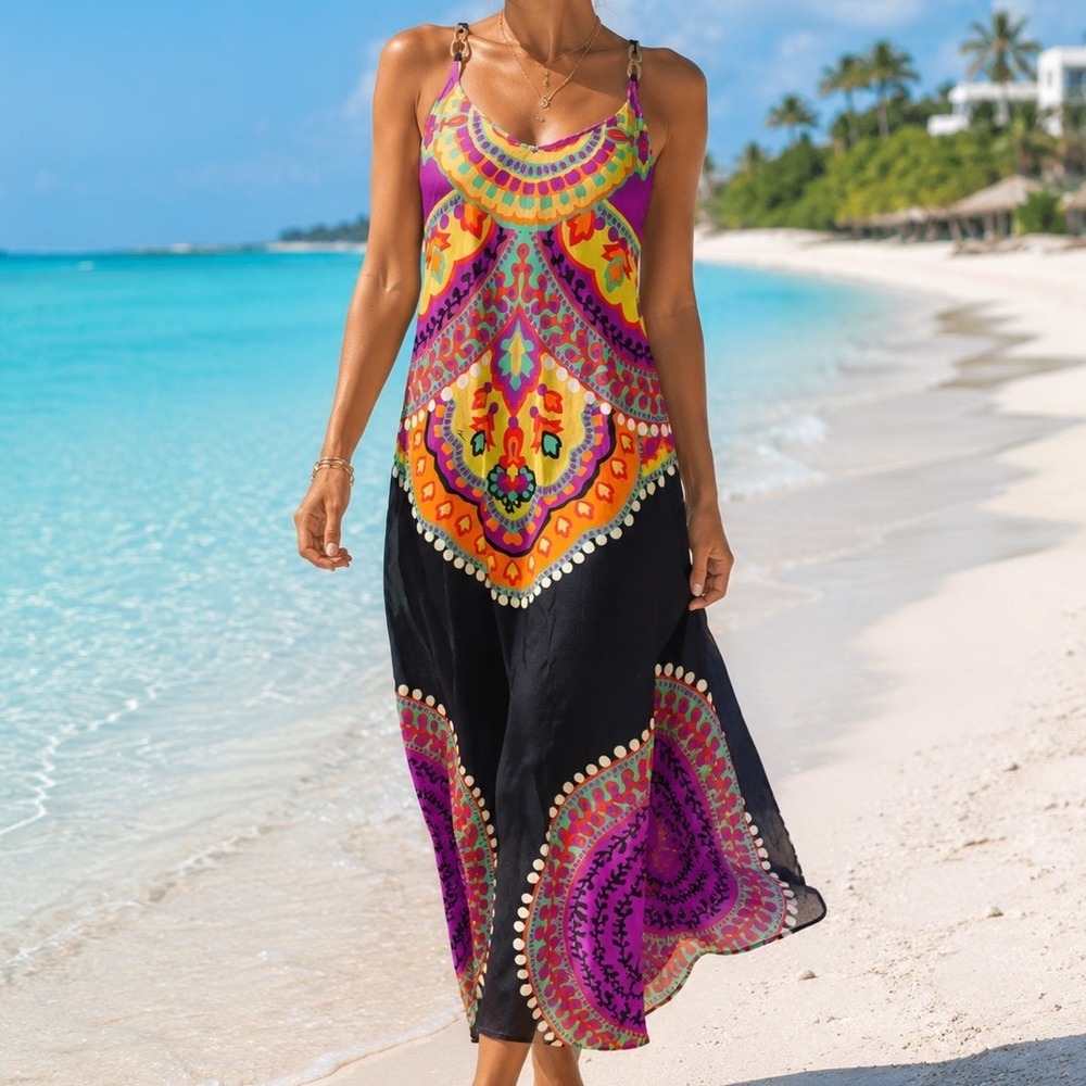 Trina Turk Womens Medallion Print Maxi Dress Black Purple Boho T-Back Size M CR2